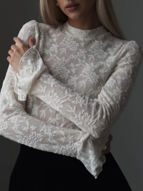Lace Ruffle Cuff Long Sleeve Shirt sold by COMMENSE
