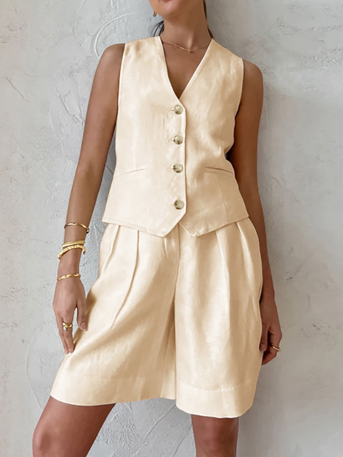 Miminalist Cotton Linen Two Piece Shorts Set sold by COMMENSE