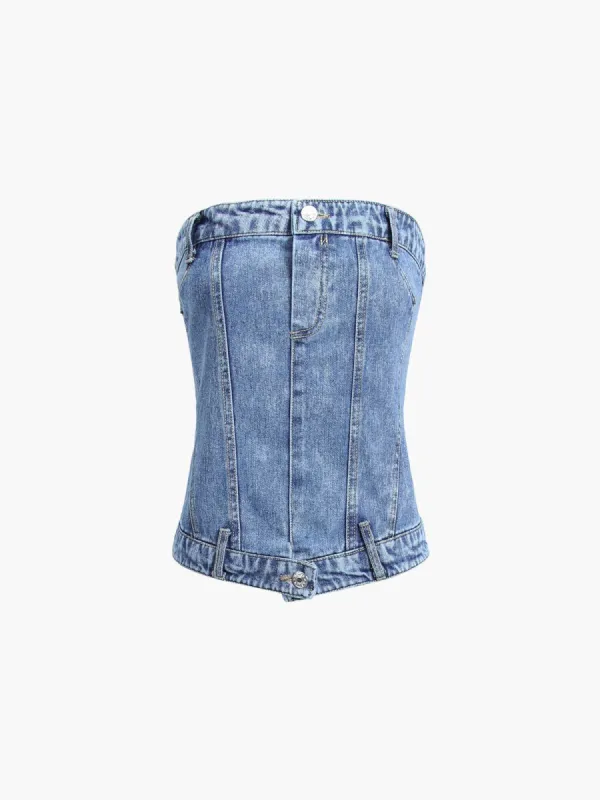 Zippered Smocked Denim Tube Crop Top sold by COMMENSE