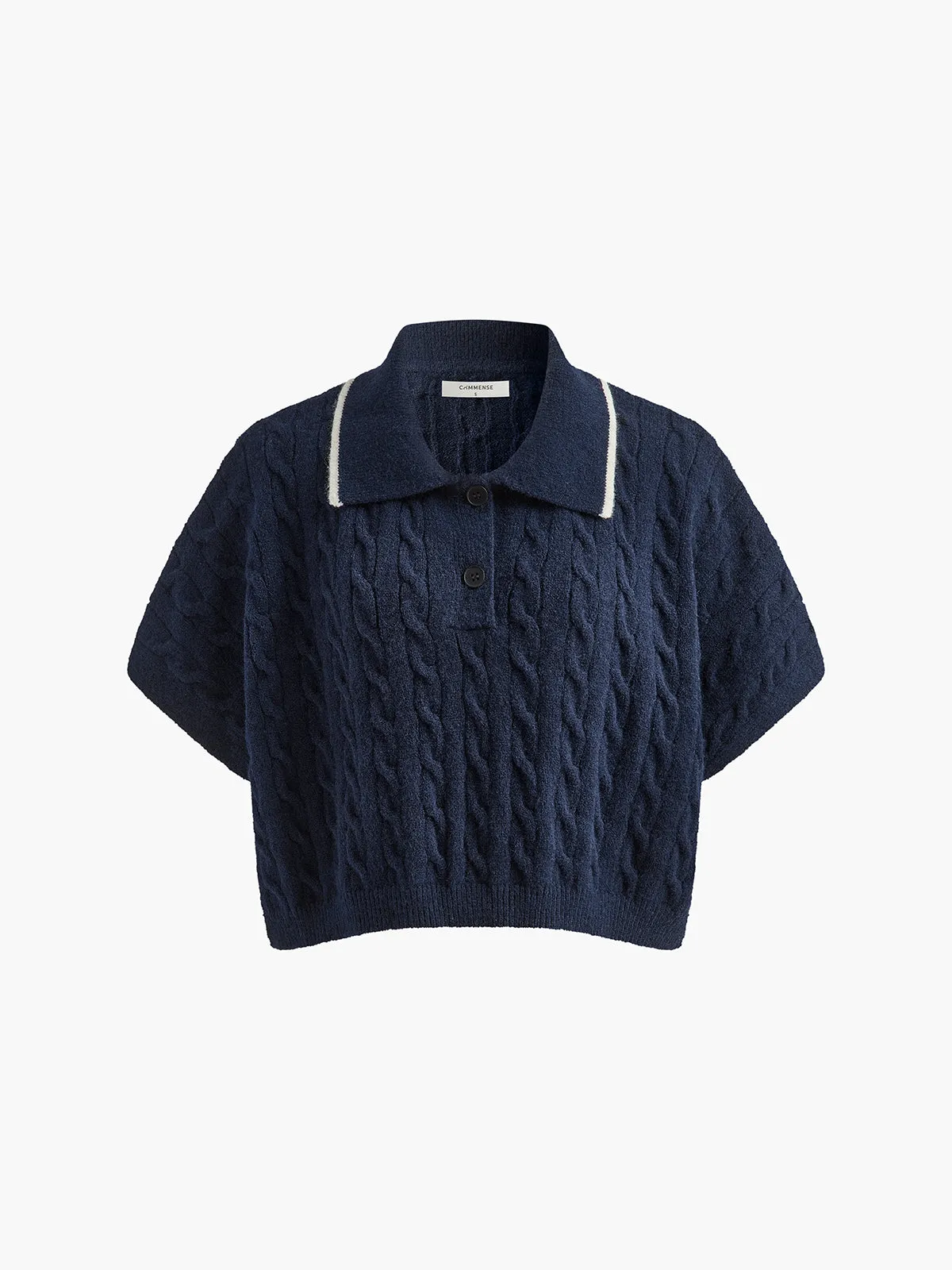 Lapel Plain Crop Cable Knit Top sold by COMMENSE