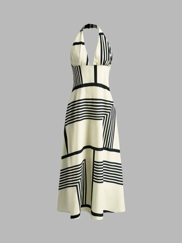 Irregular-Striped Backless Halter Dress sold by COMMENSE