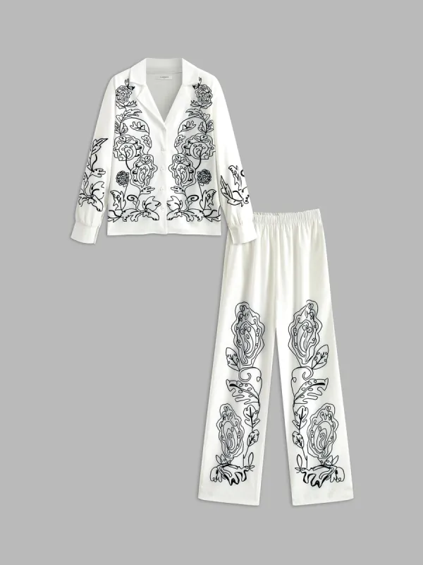 Lapel Printed Elastic Waist Pants Set sold by COMMENSE