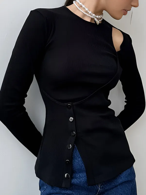 Cutout Panel Button Blouse sold by COMMENSE