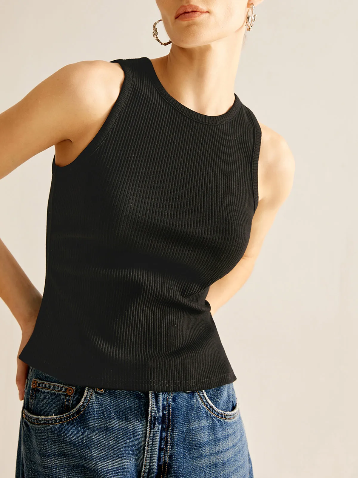 Cutout Ribbed Plain Tank Top sold by COMMENSE