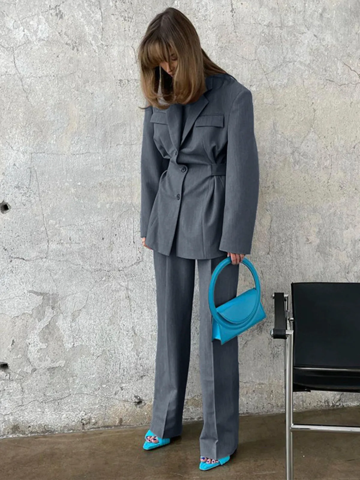 Lapel Button Belted Pants Set sold by COMMENSE product image thumbnail 4