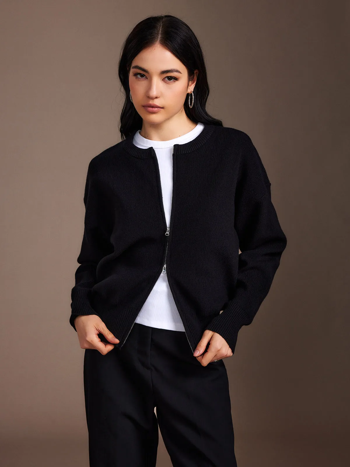 Plain Double Zip Cardigan sold by COMMENSE product image thumbnail 4