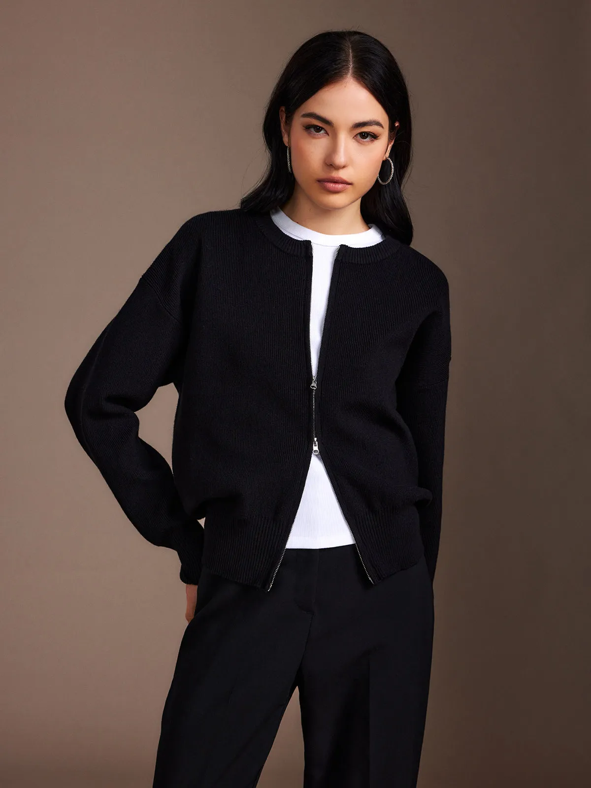 Plain Double Zip Cardigan sold by COMMENSE