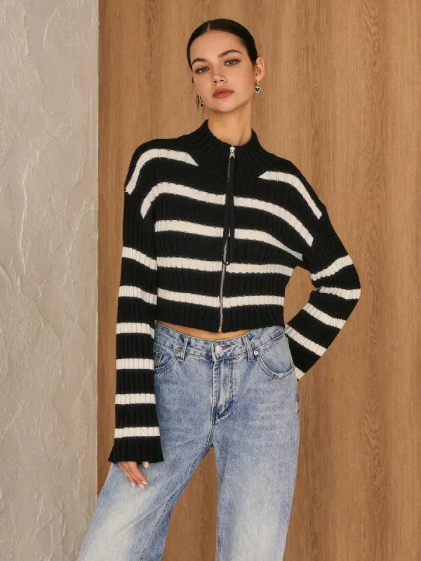 Striped Zipper Long Sleeve Knit Outerwear sold by COMMENSE