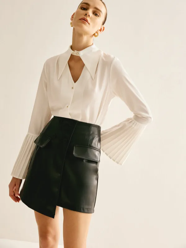 Cutout Plain Button Pleated Cuff Shirt sold by COMMENSE