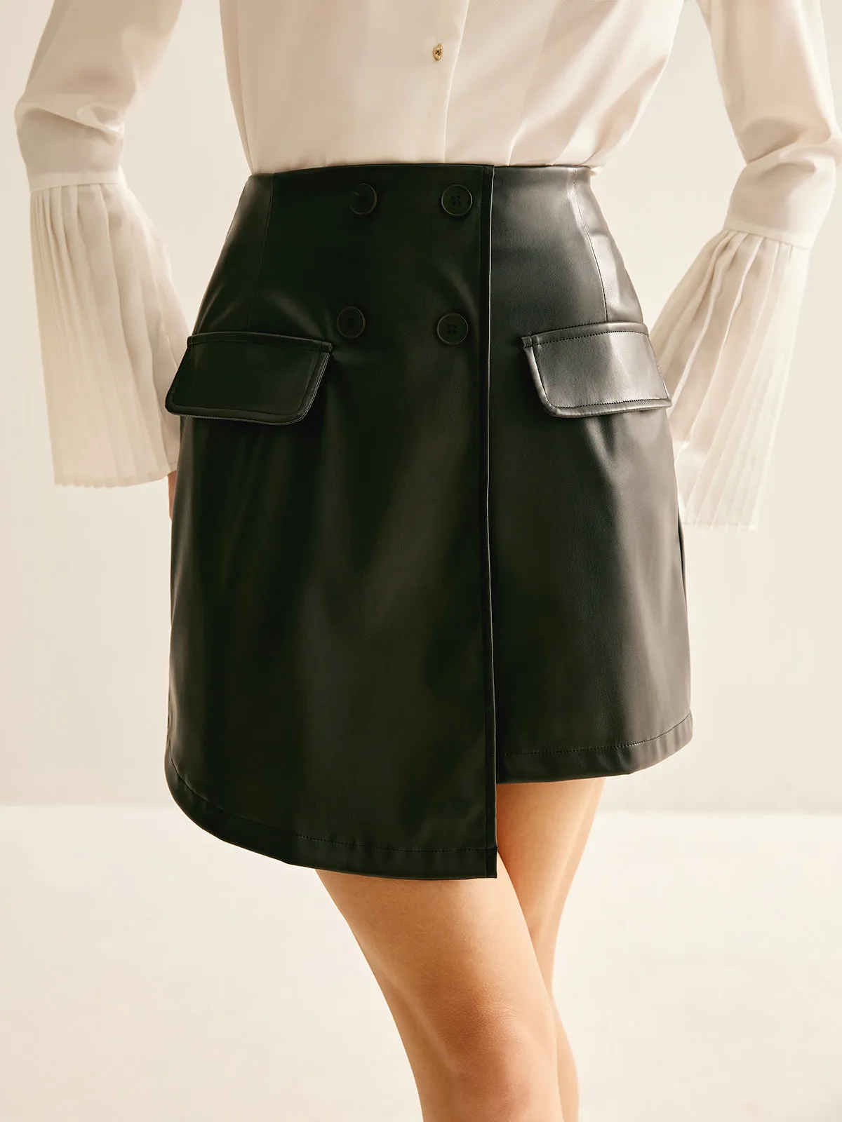 Asymmetrical Button Zipper PU Skirt sold by COMMENSE product image thumbnail 2