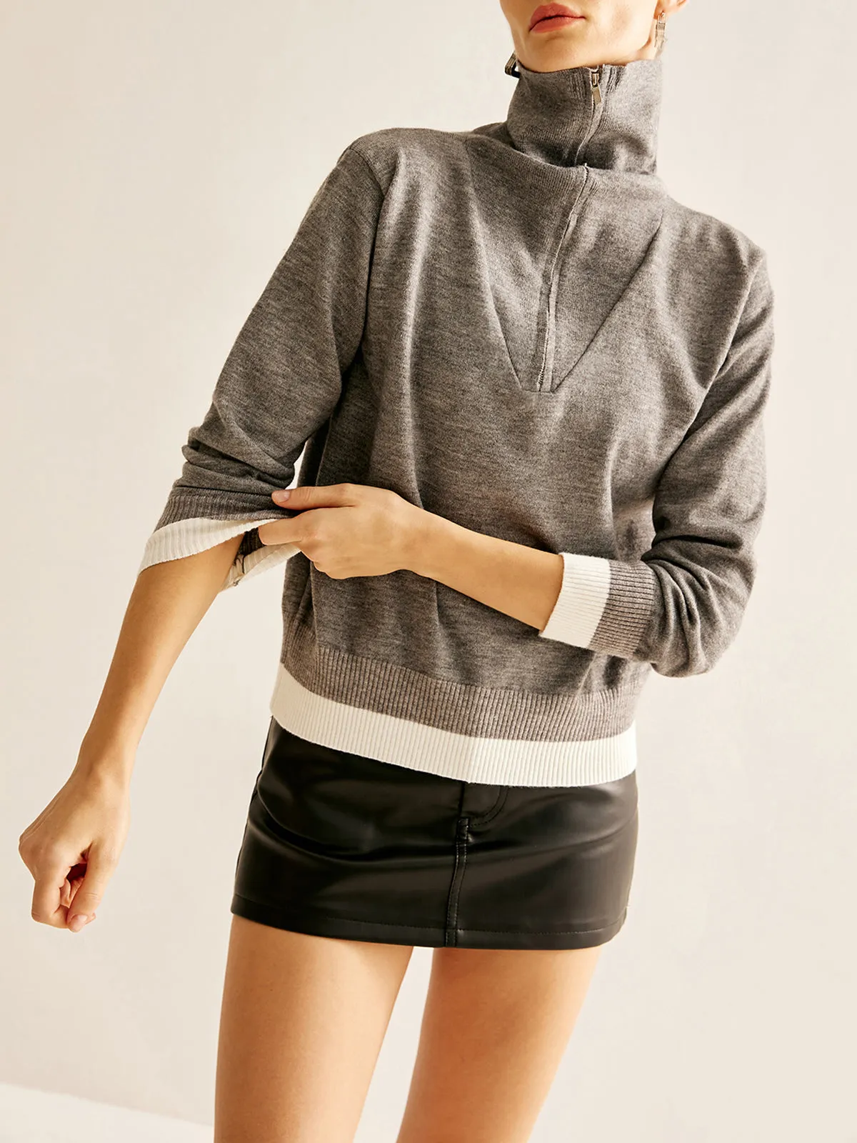 Cotton Zipper Contrast Trim Sweater sold by COMMENSE product image thumbnail 5