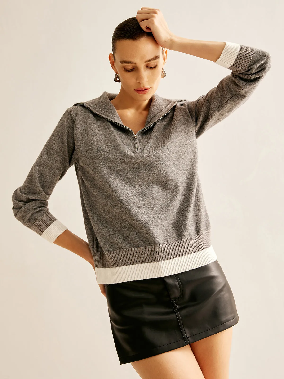 Cotton Zipper Contrast Trim Sweater sold by COMMENSE product image thumbnail 3