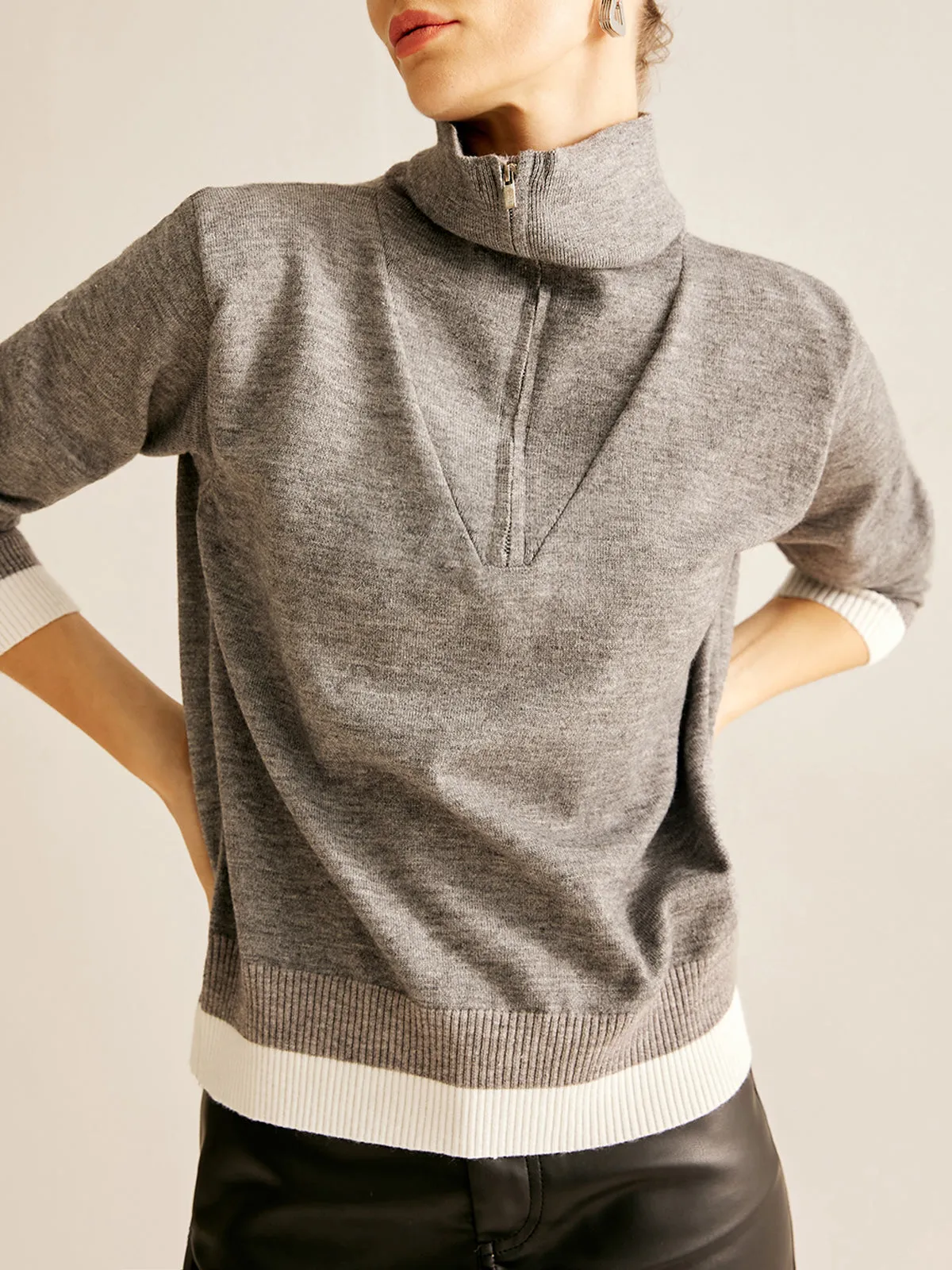 Cotton Zipper Contrast Trim Sweater sold by COMMENSE product image thumbnail 4