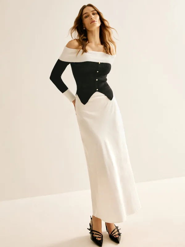 Off-Shoulder Color Block Knit Top sold by COMMENSE