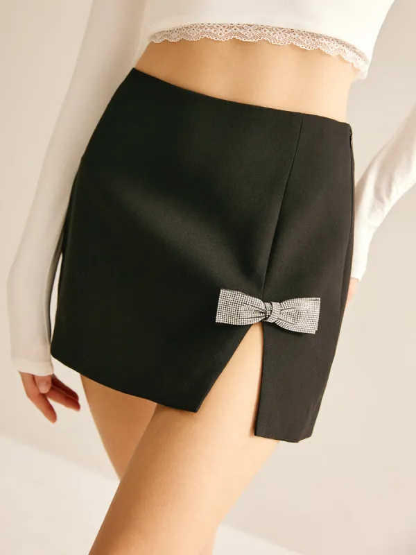 Bow Decor Split Mini Skirt sold by COMMENSE