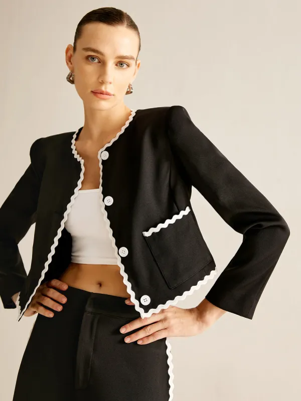 Contrast Wavy Trim Button Blazer sold by COMMENSE