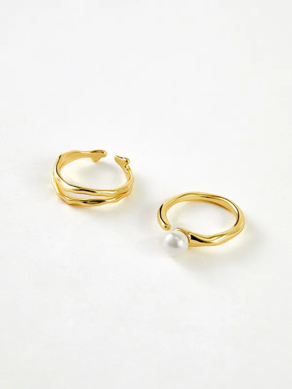 2pcs Golden Wavy Pearl Open Ring sold by COMMENSE