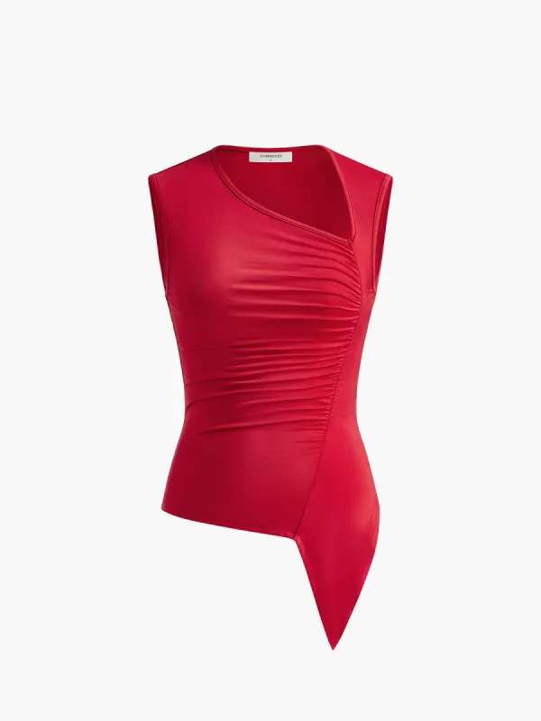 Asymmetrical Pleated Jersey Tank Top sold by COMMENSE