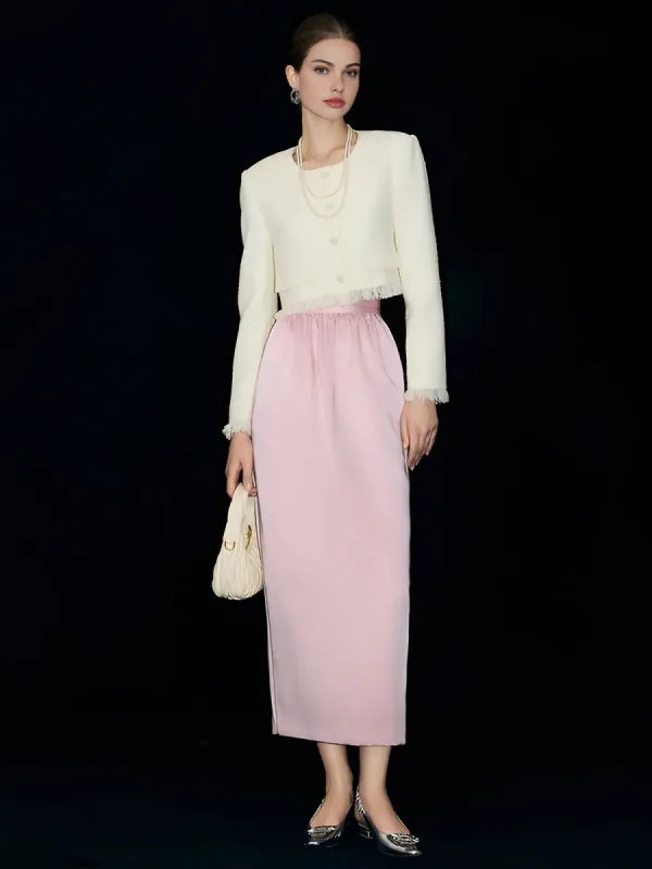 Satin Plain Pockets Midi Skirt made by COMMENSE