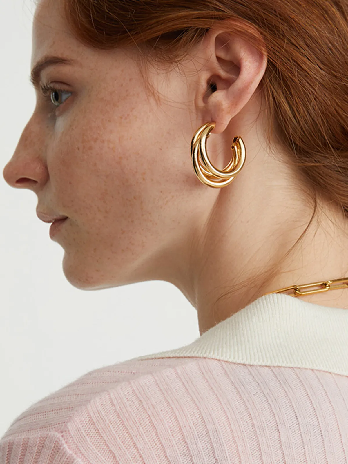 Triple Golden Hoop Stud Earrings sold by COMMENSE product image thumbnail 3