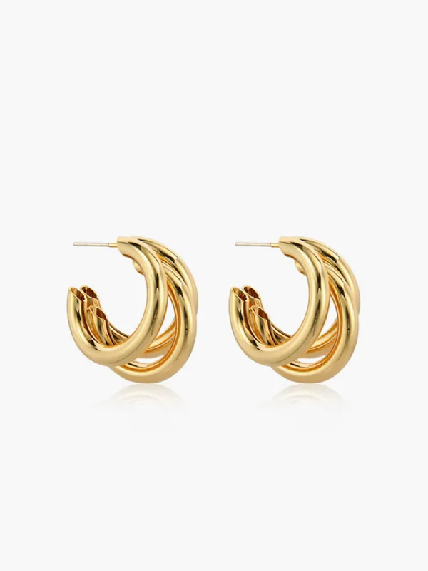 Triple Golden Hoop Stud Earrings sold by COMMENSE