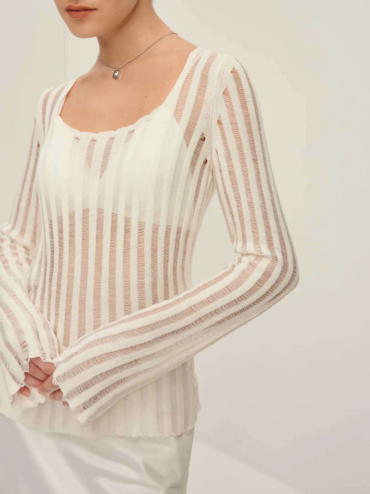 Pinstripe Sheer Slim Knit Top sold by COMMENSE product image thumbnail 3