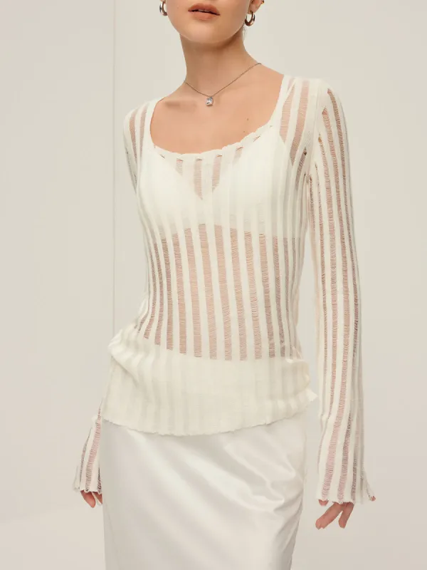Pinstripe Sheer Slim Knit Top sold by COMMENSE