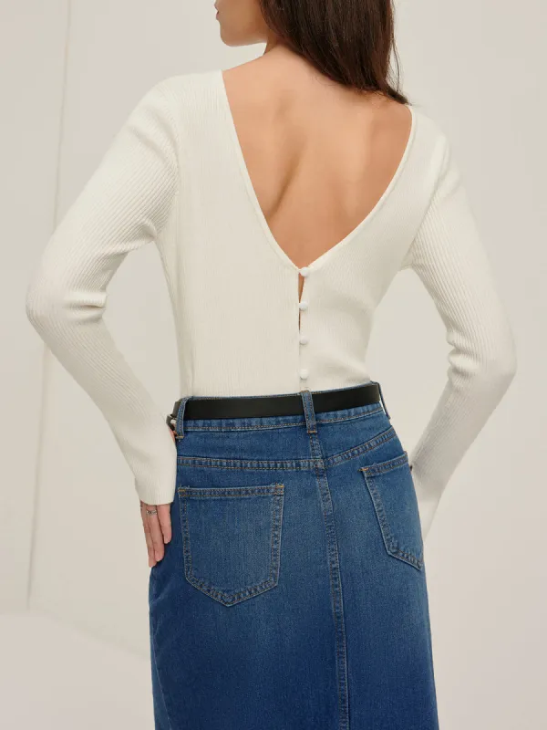 Plain Backless Button Sweater sold by COMMENSE