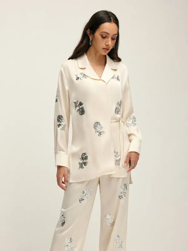 Sequin Decor Satin Lapel Shirt sold by COMMENSE