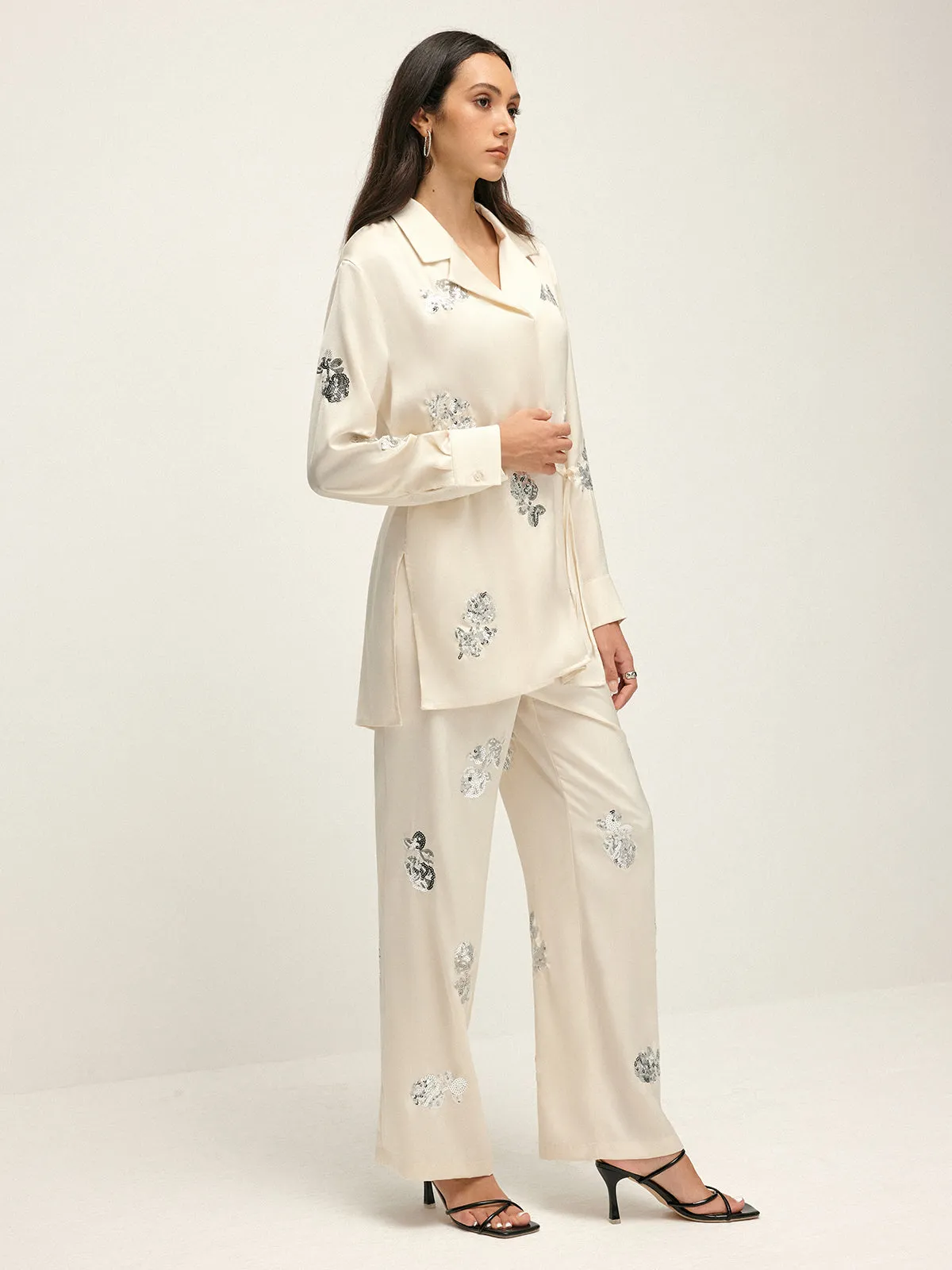 Sequin Decor Satin Lapel Shirt sold by COMMENSE product image thumbnail 4