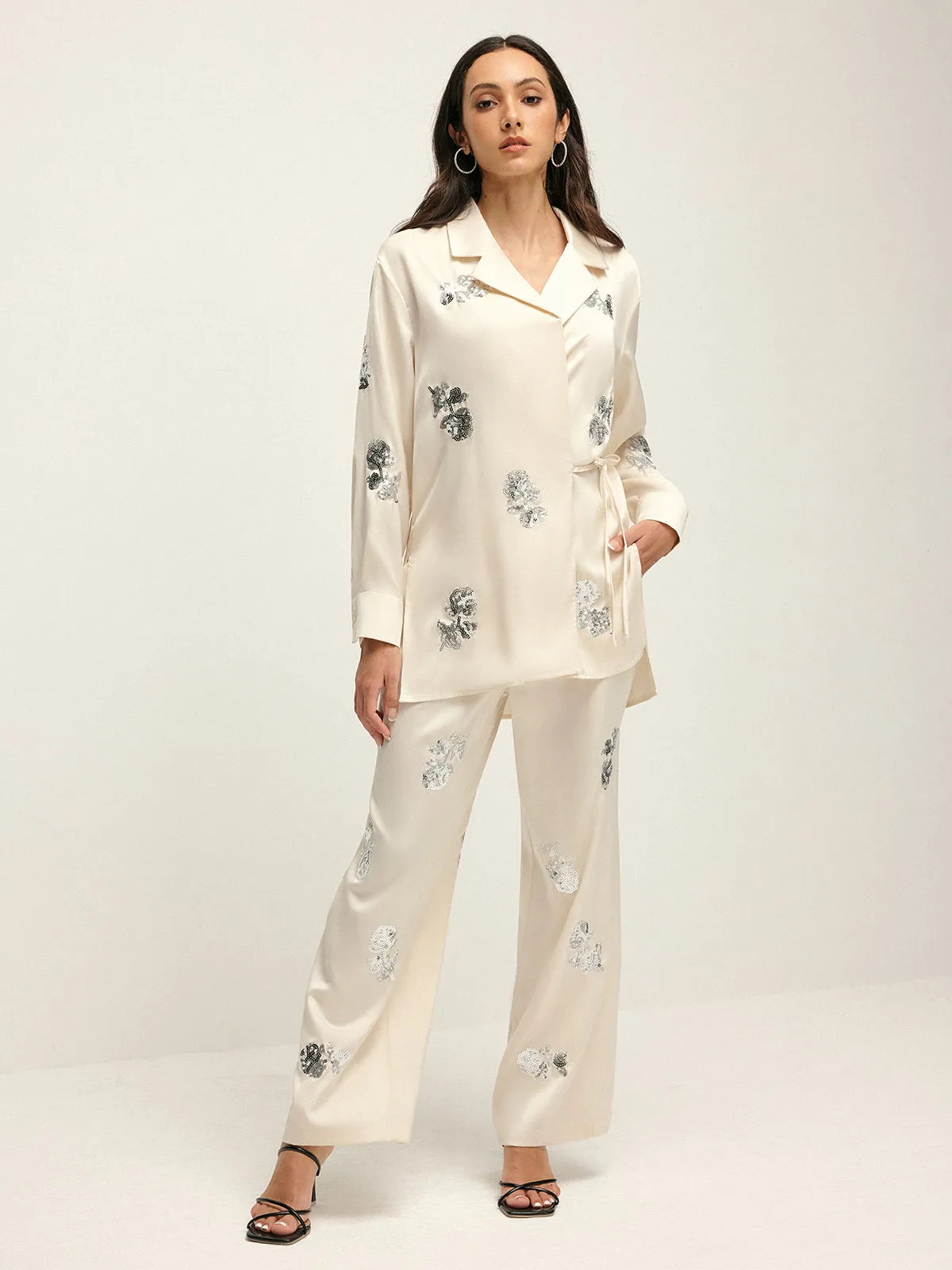 Sequin Decor Satin High-Waist Pants sold by COMMENSE