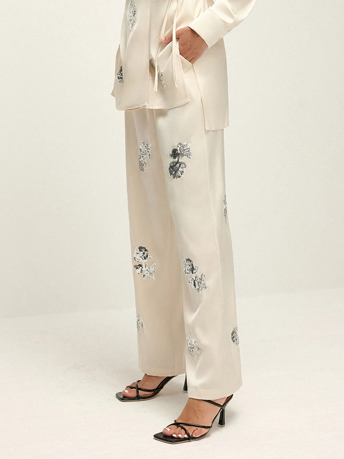 Sequin Decor Satin High-Waist Pants sold by COMMENSE product image thumbnail 3