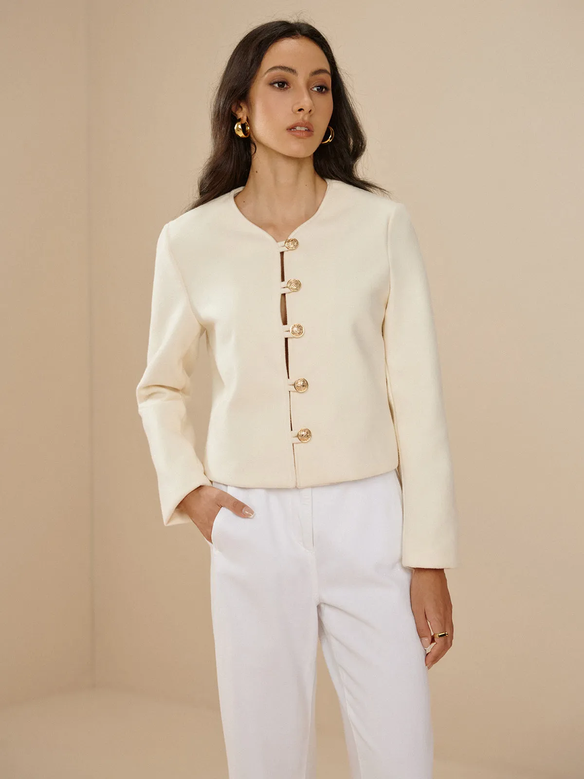 Crew Neck Plain Metal Button Jacket sold by COMMENSE