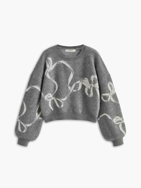 Bow Printed Loose Pullover Sweater sold by COMMENSE