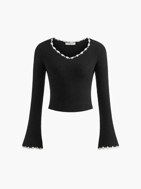 Contrast Embroidered Trim Pullover Sweater sold by COMMENSE