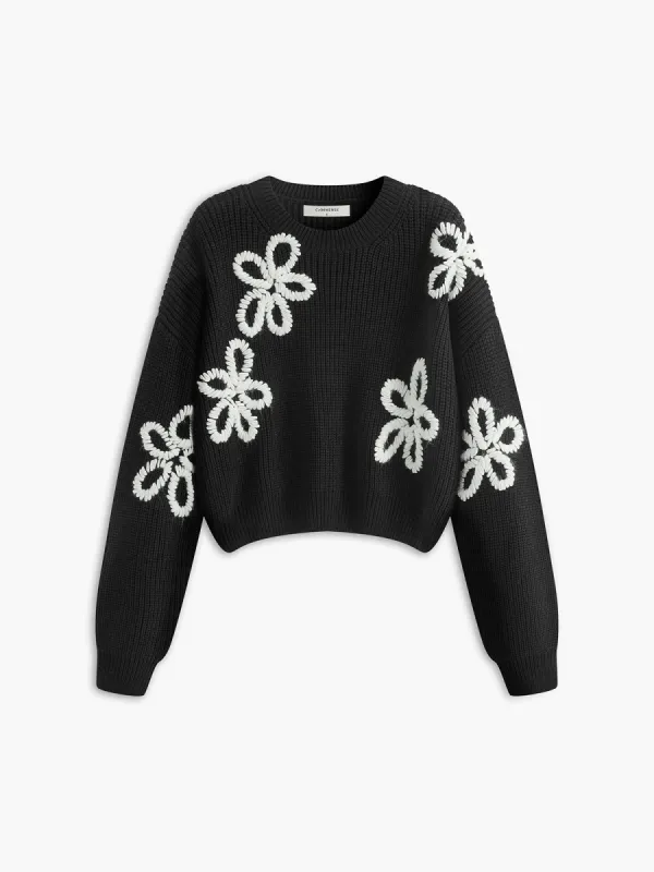 Crew Neck Ribbed Floral Knit Top sold by COMMENSE