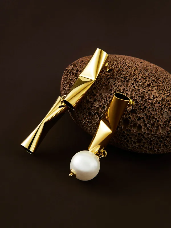 Asymmetrical Tube Pearl Drop Earrings sold by COMMENSE