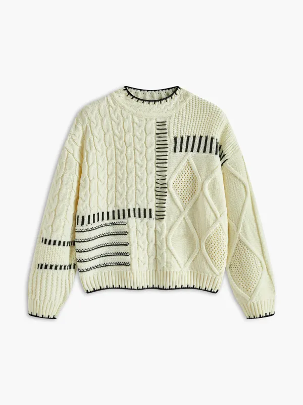 Crew Neck Embroidered Trim Knit Top sold by COMMENSE