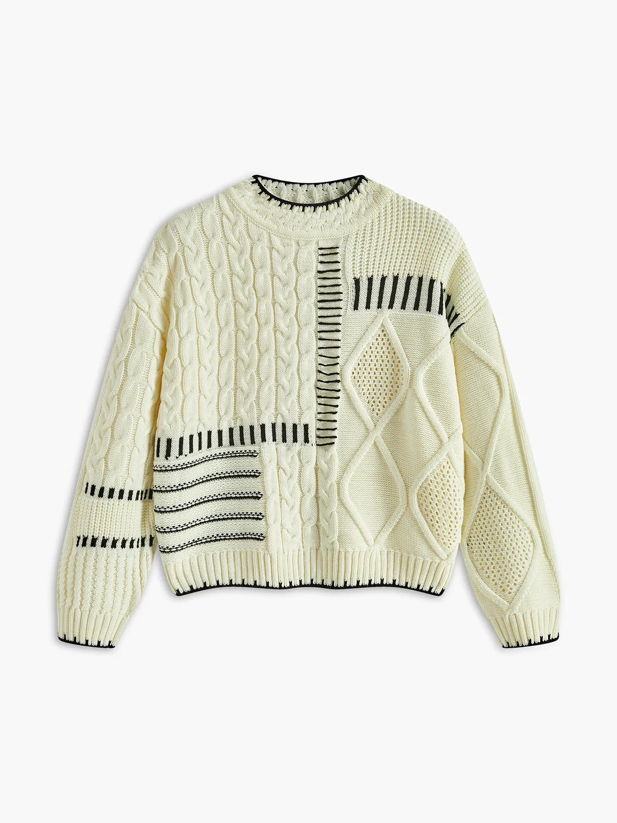 Crew Neck Embroidered Trim Knit Top sold by COMMENSE