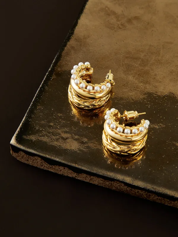 Triple-Layer Pearl Detail Hoop Earrings sold by COMMENSE