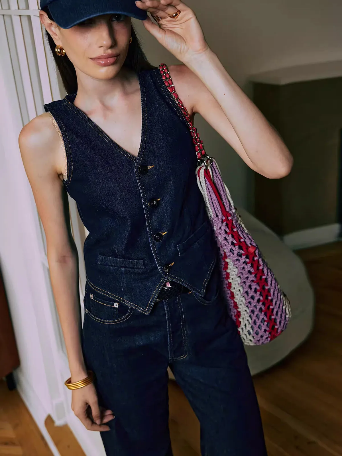 Denim Vest With Back Belt sold by COMMENSE