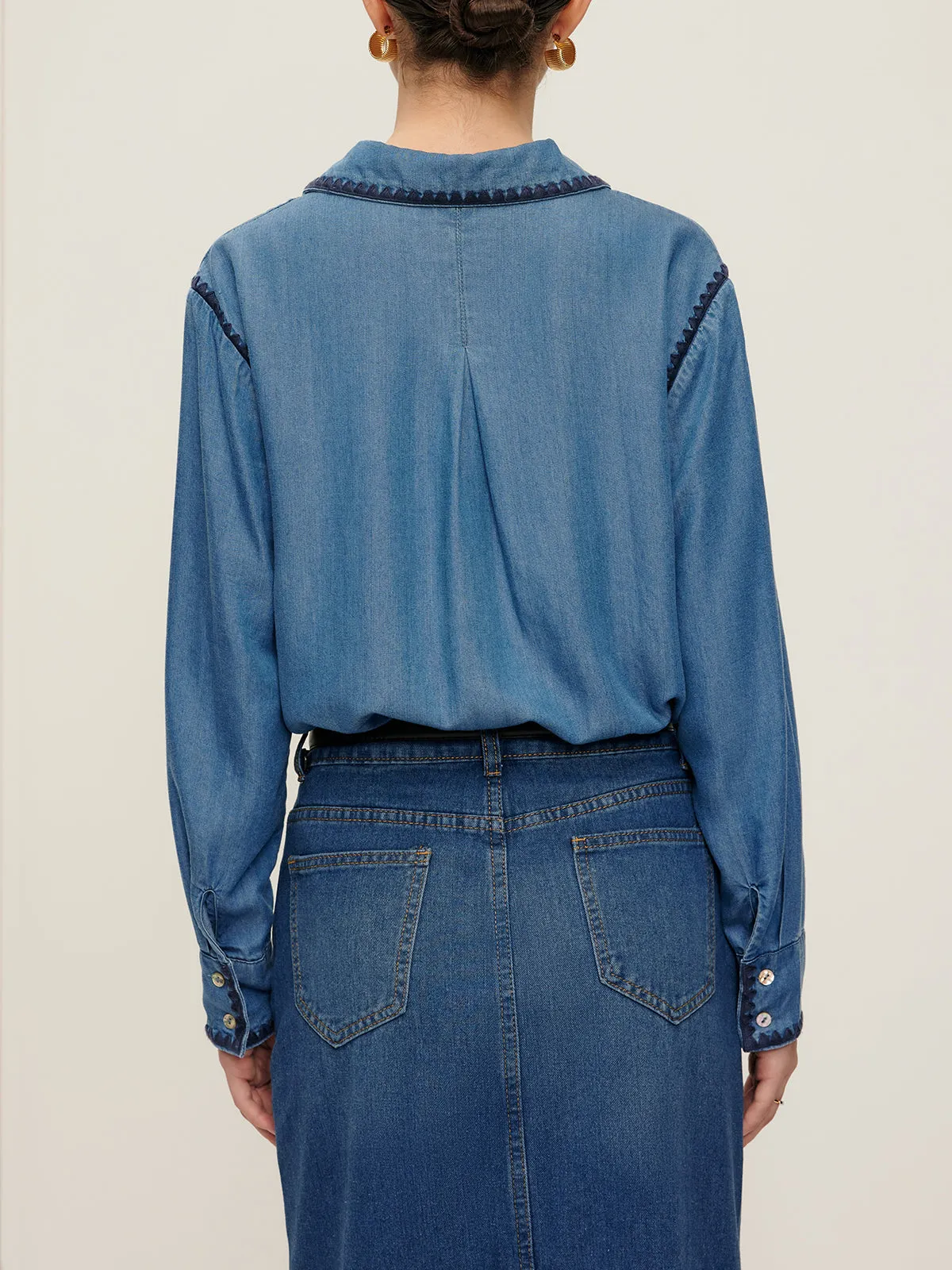 Embroidered Trim Lapel Denim Shirt sold by COMMENSE product image thumbnail 5