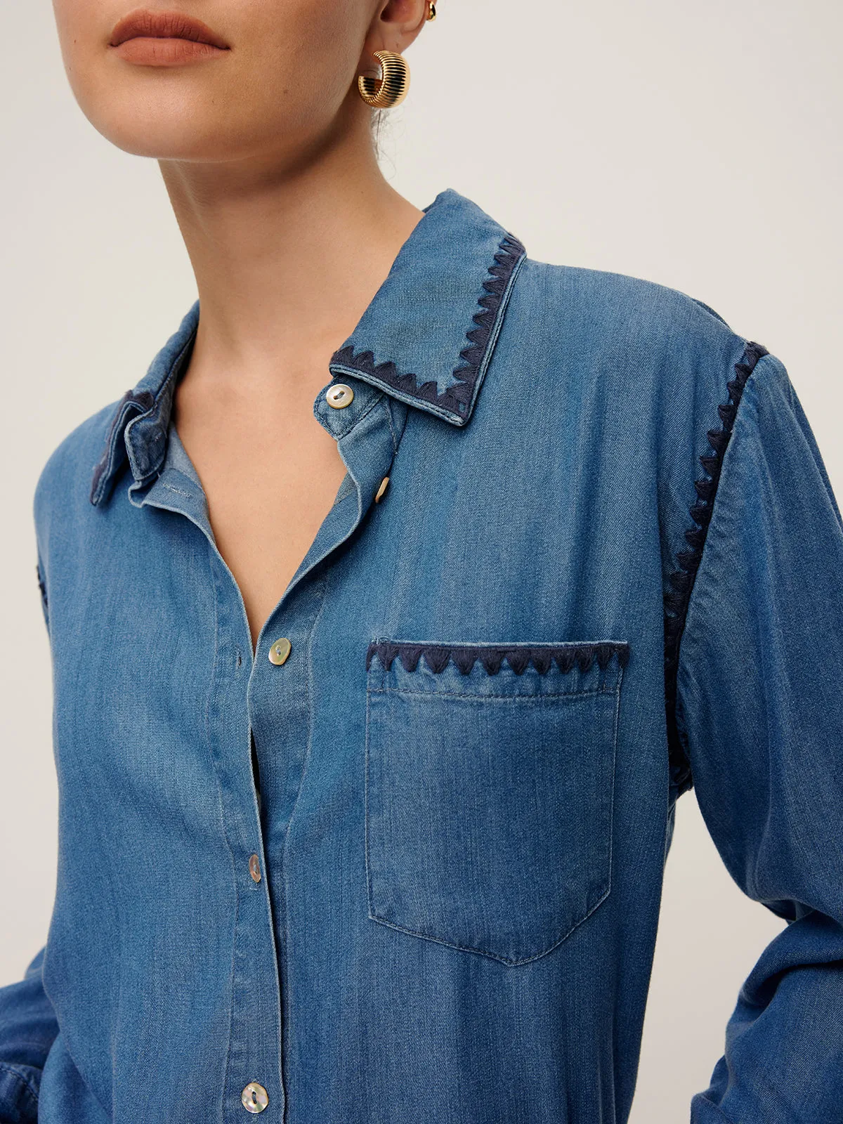 Embroidered Trim Lapel Denim Shirt sold by COMMENSE product image thumbnail 2