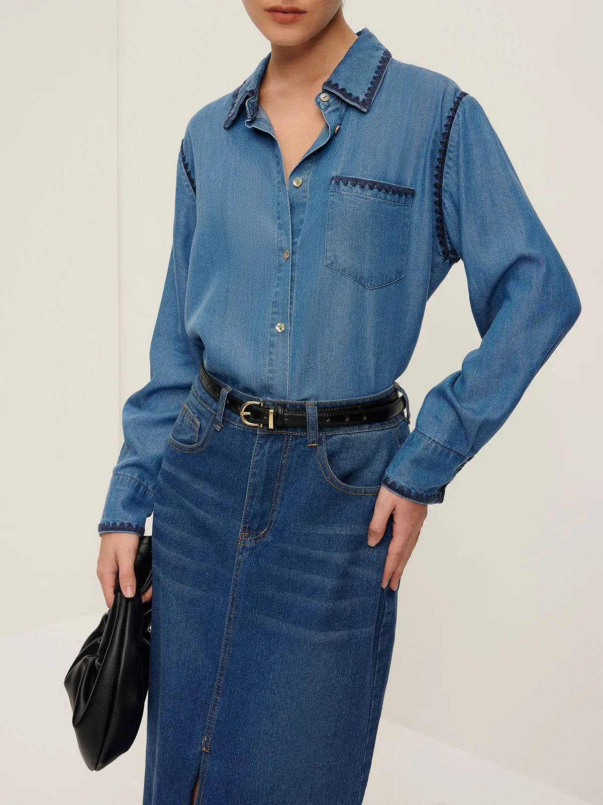 Embroidered Trim Lapel Denim Shirt sold by COMMENSE product image thumbnail 3