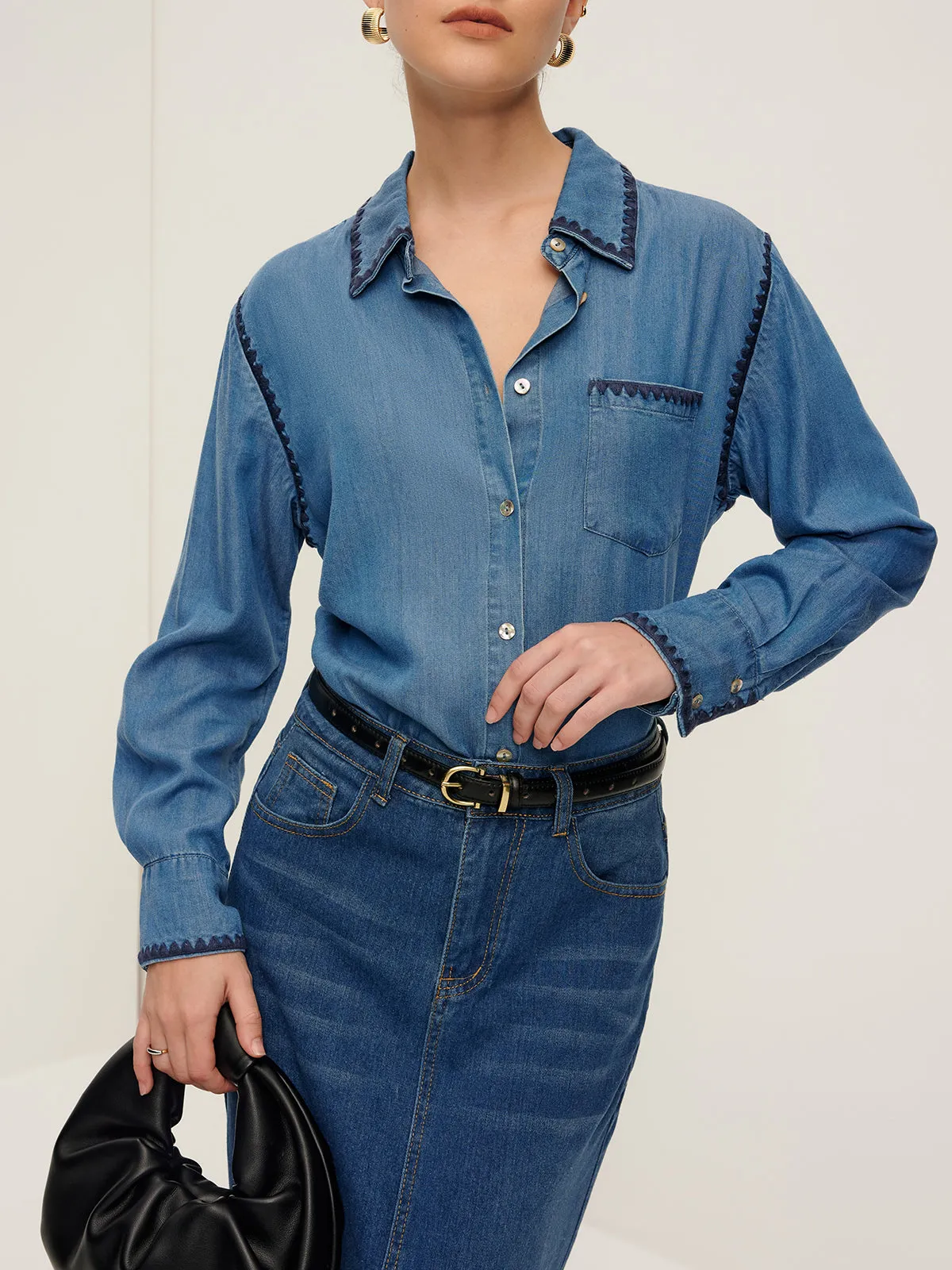 Embroidered Trim Lapel Denim Shirt sold by COMMENSE