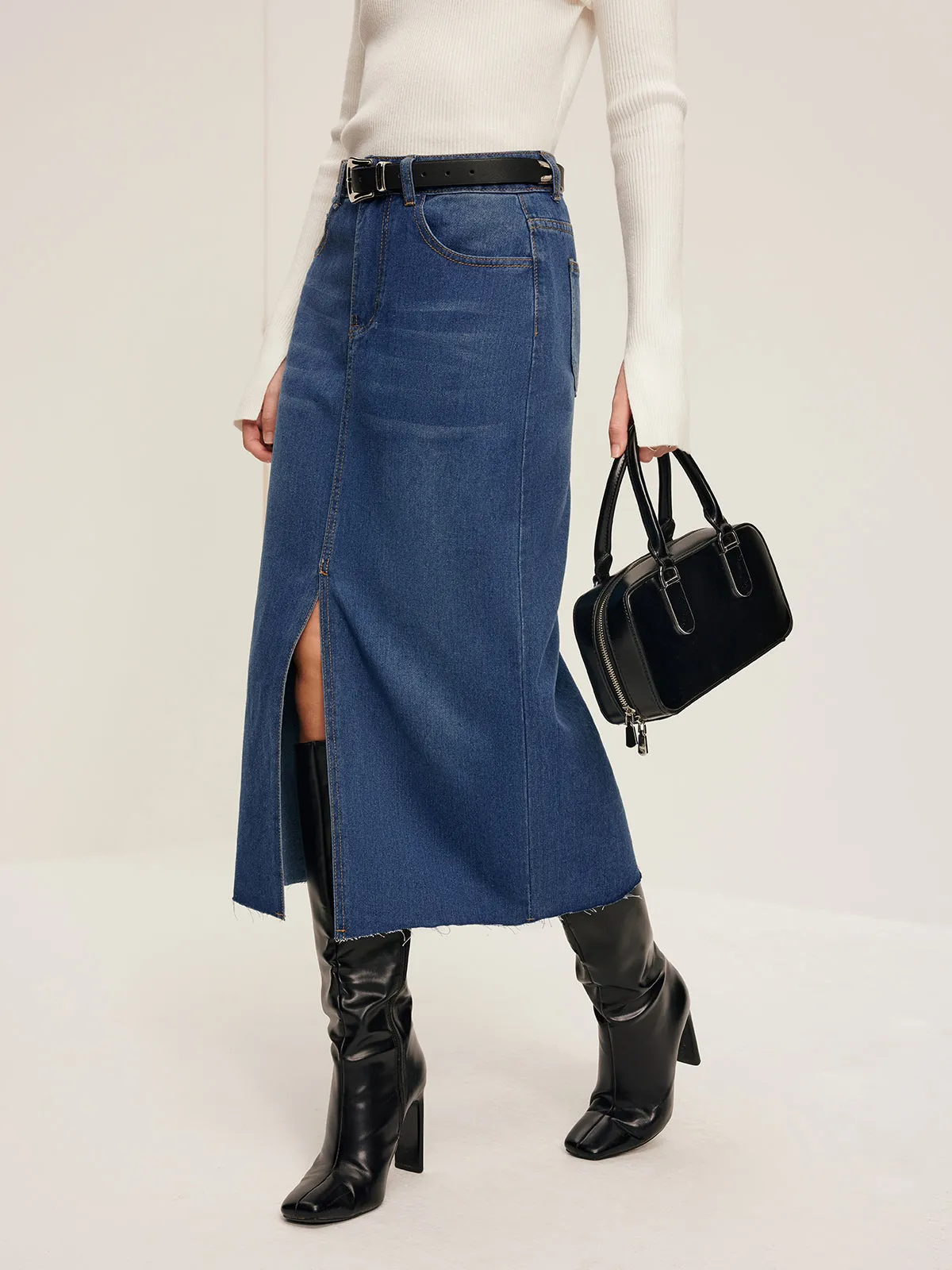 Front Split Denim Skirt Without Belt sold by COMMENSE product image thumbnail 4
