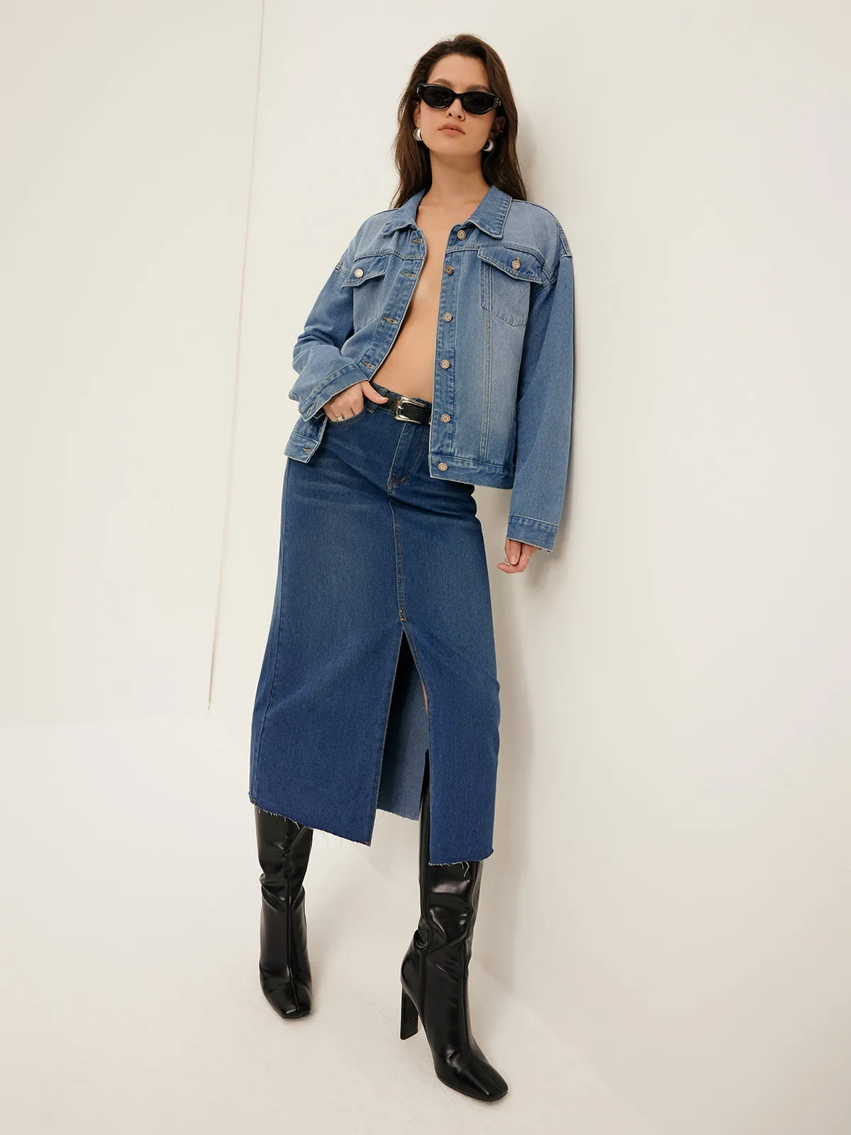 Front Split Denim Skirt Without Belt sold by COMMENSE product image thumbnail 2