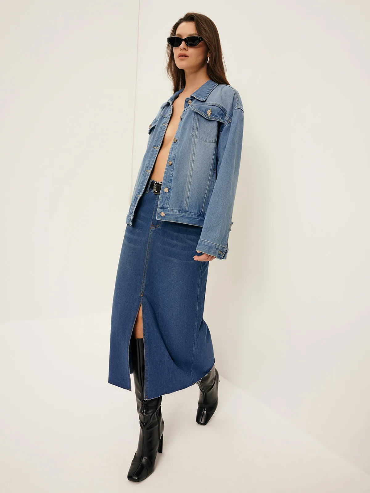 Front Split Denim Skirt Without Belt sold by COMMENSE product image thumbnail 3