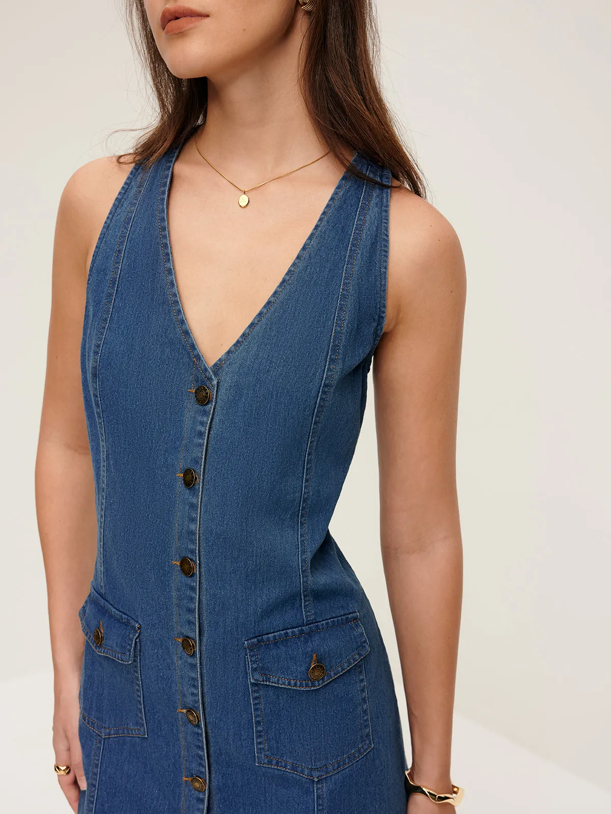V-Neck Breasted Pockets Denim Dress sold by COMMENSE product image thumbnail 4