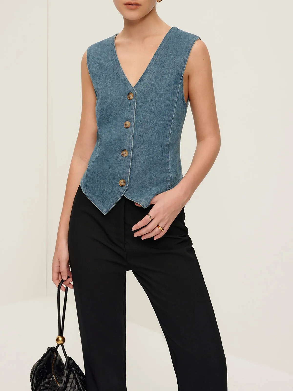 V-Neck Piping Button Denim Vest sold by COMMENSE product image thumbnail 4